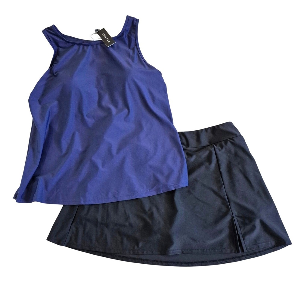 Tempt Me Women Navy‎ High Neck Tankini Top and Black Swim Skirt Set NWT 18W/XXL